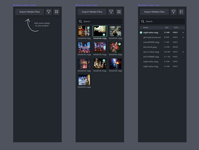 Panels / Imports app builder dashboard editly empty flow import initial panel panels sidebar ui ux video editor