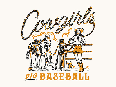 Cowgirls dig Baseball baseball branding cowgirls graphic design handrawn illustration vintage vintageart vintageillustration