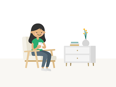 Girl on her phone girl illustration living room