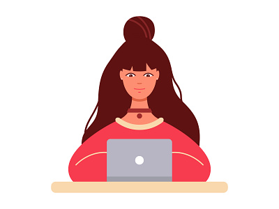 Freelance girl with laptop art branding design flat icon illustration minimal typography web website