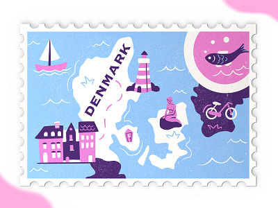 Denmark Stamp 2d 2dillustration branding character danish denmark europe fish flat graphic kopenhagen map mermaid stamp tourism