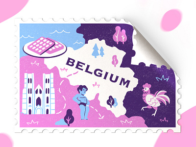Belgium Stamp 2d architecture belgium branding chicken city illustrator labels landmark map minimalist stamp texture typography vafel