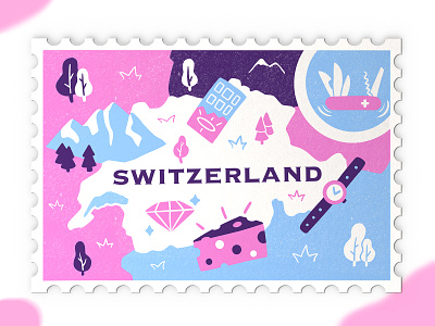 Switzerland stamp chocolate country graphic illustration landscape mountains nature stamp stamp design switzerland travel village