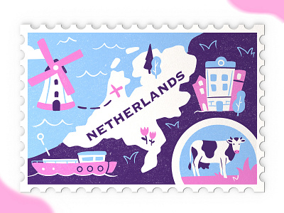 Nerherlands Stamp amsterdam city country europe flower graphic illustration landscape map netherlands stamp stamp design travel windmill