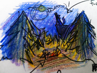 Initial Sketches campfire camping colored pencils firelight hand drawn handdrawn moon night non digital sketch wolf