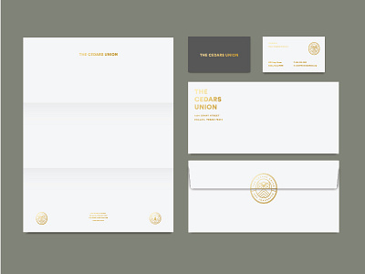 The Cedars Union branding business card envelope gold foil illustration letterhead line mark seal tractorbeam