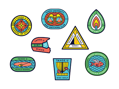 More TahoeU Badges branding climbing compass dead fish disc golf fire helmet illustration match paddle board tractorbeam