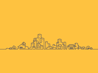 Skyline buildings city icon iconography illustration lights line monoline stroke trees yellow
