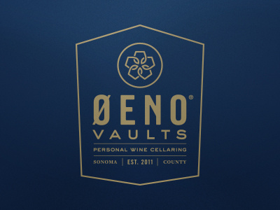 Oeno Vaults blue branding gold identity logo sweet sans trade gothic type wine