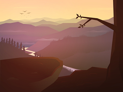 Landscape birds landscape mountains sunset trees