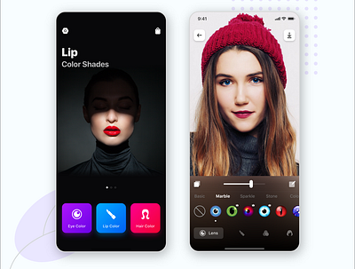 Makeup App android beauty clean dark theme editor eye color flat design hair color ios ios 14 iphone x lip color makeup minimal mobile app mockup newshot ui user interface ux