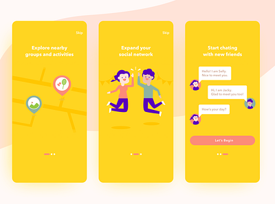 Onboarding Social App UI app character character design chat cheer dailyui friend happy illustration meetup onboarding onboarding ui social ui uiux ux yellow