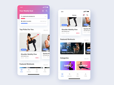 Fitness Health Workout Sport App UI app cardio dailyui design fitness gradient health mobile pink purple sport ui uiux ux workout