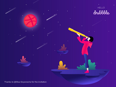 Hello Dribbble ! character colors graphic illustration sky starry vector