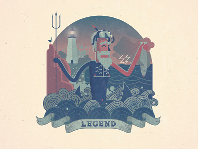 Legend design fishing flat fun illustration la mer old guy poseidon seaside simple stoke stylized textures typography vector