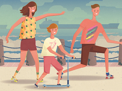 Summertime Skate Sessions clean lines family flat fun illustration kids play promenade rollerskating scooter seaside simple skate stylized textures vector