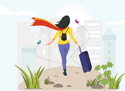 A girl and the City backpack city city guide digitalart flat design girl illustrator landscape moving moving out travel ui vacation vector