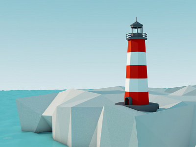 Light Tower blue light low poly red rock sea tower white