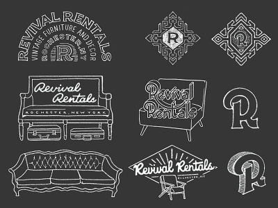 Revival Rentals Sketches brand identity branding furniture hand lettered hand lettering illustration lettering logo logo design procreate retro