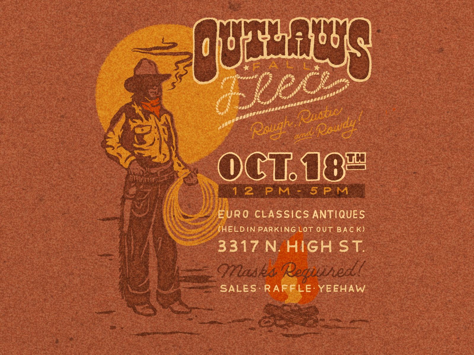 Outlaws Fall Flea yeehaw handlettering illustration poster western cowboy