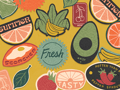 Summer Fruit Stickers banana branding design fruit fruit sticker grapefruit hand lettered hand lettering illustration lime orange procreate retro strawberry