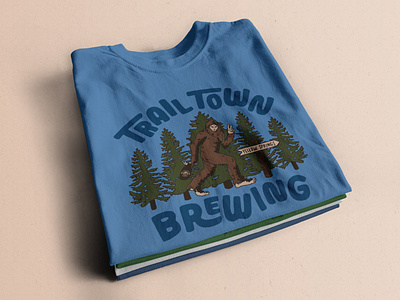 Trail Town Brewing T-Shirt Design beer bigfoot brand identity branding hand lettered hand lettering illustration pine tree procreate retro sasquatch t-shirt tee