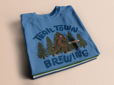 Trail Town Brewing T-Shirt Design beer bigfoot brand identity branding hand lettered hand lettering illustration pine tree procreate retro sasquatch t shirt tee