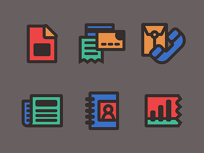 flat, chunky icon set file finance graph icon mail news notebook office phone set symbol