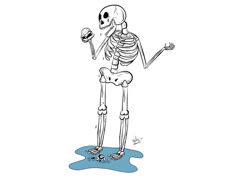 HELL: A place that serves cheeseburgers you can’t taste nyc skeleton black and white line work illustration foodie food cheeseburger