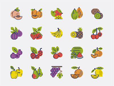 Tutti Frutti Icon Set apple apricot banana blueberry cantaloupe cherry chestnut coconut currant fig fruit grapes hazelnut icon icon design illustration kiwi lemon mango