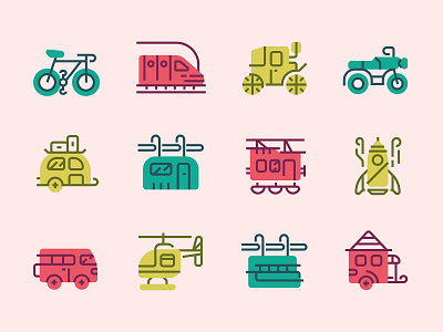 On The Way! Icon Set airplane bicycle bus cable car car caravan carriage ferry freight train helicopter hiking icon icon design illustration motorbike ski lift space rocket train tube