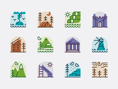 Just Arrived! Icon Set camp castle city country house desert forest historical city icon design illustration island lake lighthouse mountain mountain hut museum national park park planet seaside