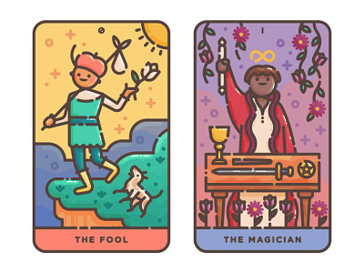 The Fool + The Magician cards cute digital illustration flat illustration fool illustration magic magician occult tarot vector illustration