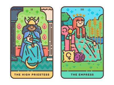 The High Priestess + The Empress cards cute digital illustration empress flat illustration high priestess illustration magic occult priestess tarot vector illustration