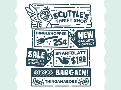 Scuttle's Thrift Shop dinglehopper disney illustration line art little mermaid monoline retro ad scuttle the little mermaid thrift shop typography