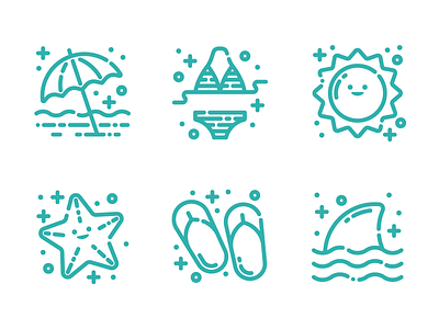 Beach Icons beach flip flops icon icon set icons illustration line art ocean shark starfish summer sun swim umbrella