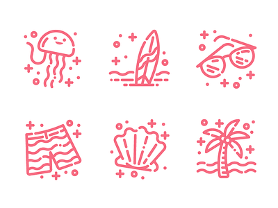 Beach Icons beach icon icon set icons illustration jellyfish line art ocean palm palm tree seashell shell shorts summer sunglasses surf surf board swim