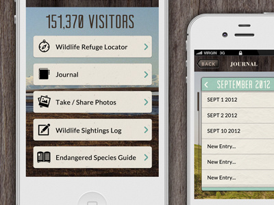 Wildlife app proposal WIP app gui iphone nature travel ui vintage wood