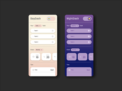 Task Dash with Day and Night mode dashboard mobile ui visual design