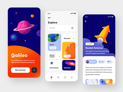Space Exploration App android androidapp app app ui appdesign article colorful illustration ios minimalist mobileui orange planets purple rockets space ui universe ux