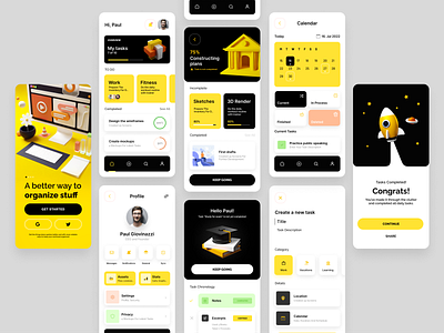 Task management app UI 3d 3d icons appdesign application black business creative design family learning lifestyle management organize sports task ui uiux webdesign work yellow