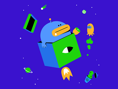 Alien with Box UFO in Space 2d alien character character design drawing flat graphic design illustration space vector