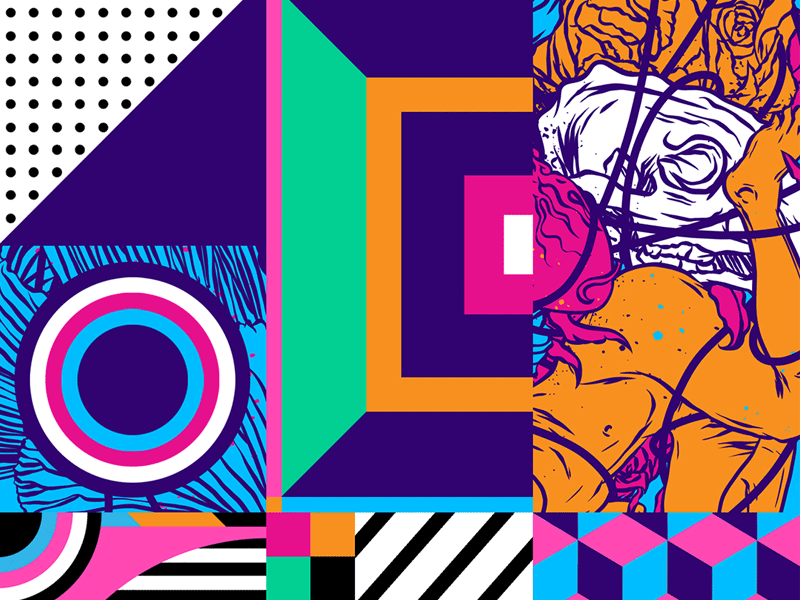 Memphis style composition 80s style bizarre color palette colorful design design funky and fresh geometric shapes gif gif animated illustration illustration art memphis motion motion graphic music pop art vibrant colors