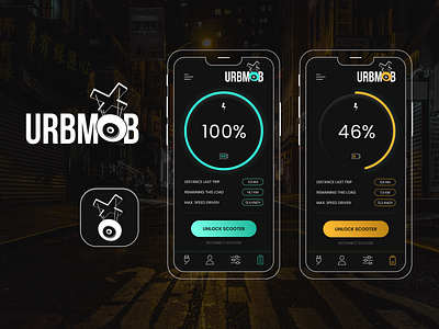 Concept logo & app UI design for UrbMob app app design branding dark design e-scooter electricity logo logo design mobile mobile app mobile ui ui ui design urban mobility