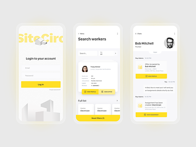 Mobile screens for Startup in construction area. account chat clean ui construction employment filter hire illustration job login login form login screen minimalism mobile offer welcome worker yellow