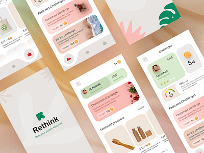 "RETHINK" - Mobile Application UI app blue branding creative design gamification graphic design illustration logo plastic plastic free pmi sustainable ui vector website wooden products