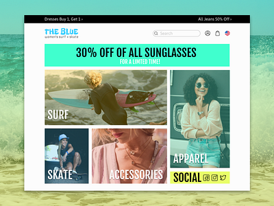 The Blue: Women's surf and skate Homepage homepage design layout something new ui website website concept