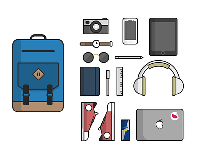 Daily Designer Gear backpack flat gear glasses headphones illustration ipad iphone redbull shoes simple watch