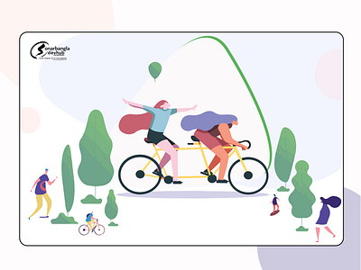 Tandem Bicycle Girls Illustration