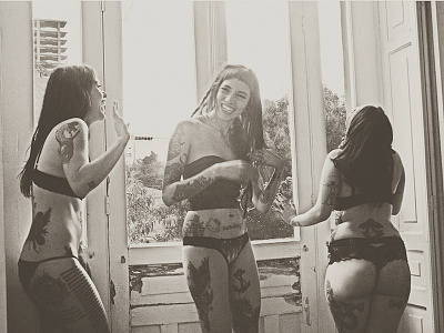 Fun backlight black and white females laugh laughing lingerie models photo photograph photography photoshoot photoshop sepia tattoo tattooed three threesome window women young